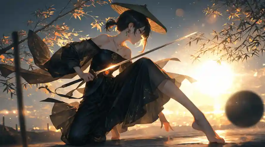 3k夕阳壁纸-女侠 - 持剑-斗笠「哲风壁纸」