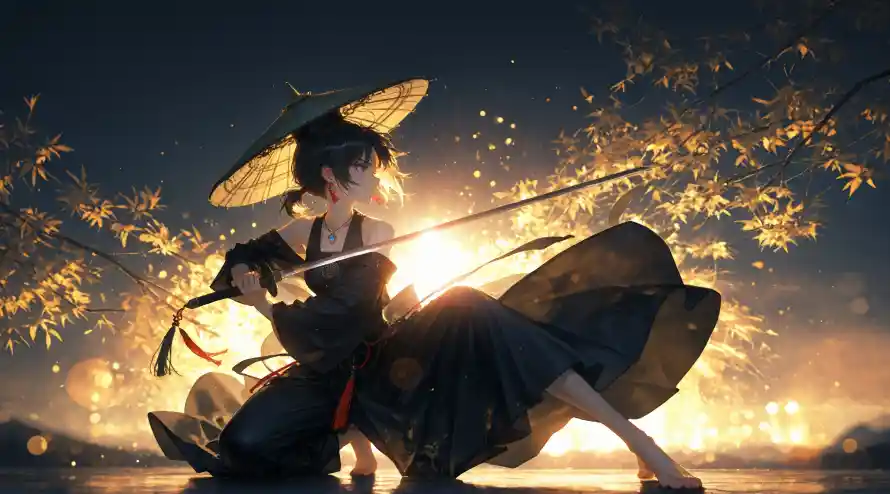 3k夕阳壁纸-女侠 - 斗笠-武侠「哲风壁纸」