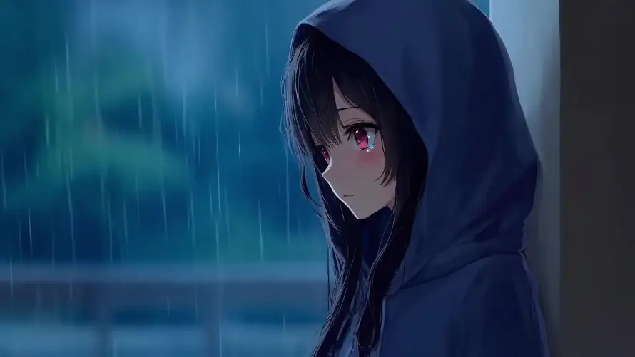 4k下雨壁纸-发呆 - 红瞳-雨天「哲风壁纸」