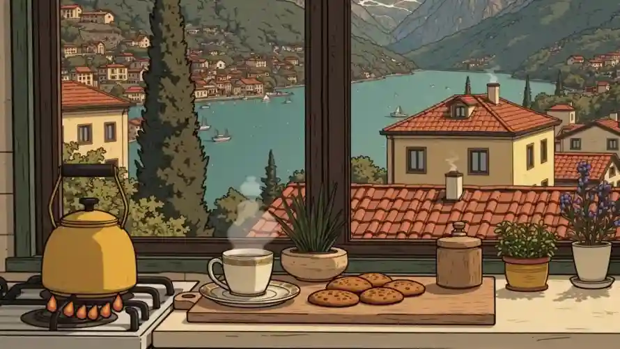 2k厨房壁纸-湖景 - 盆栽-茶壶「哲风壁纸」