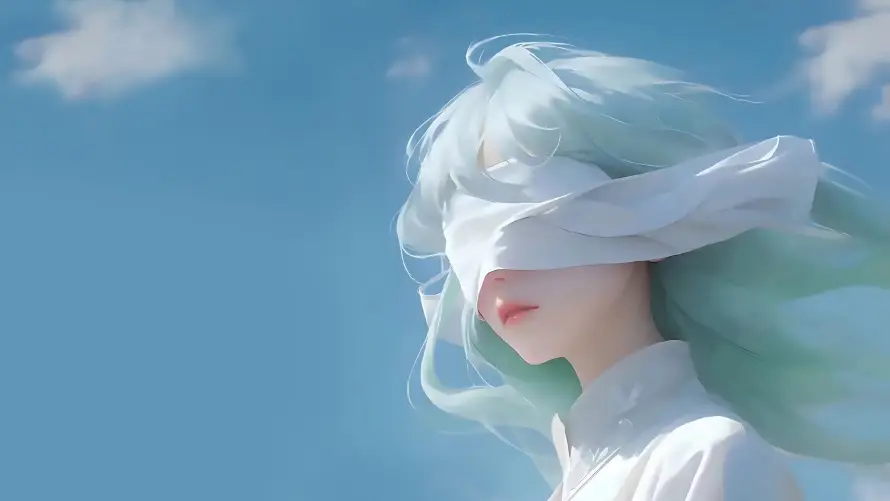4k少女壁纸-白衣 - 蒙眼-蓝发「哲风壁纸」