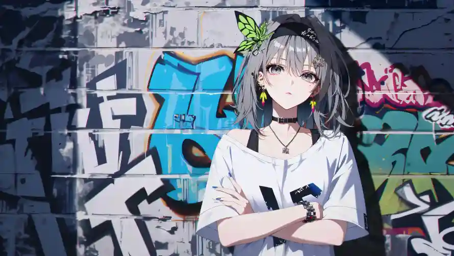 4k少女壁纸-灰发 - 涂鸦墙-白T恤「哲风壁纸」