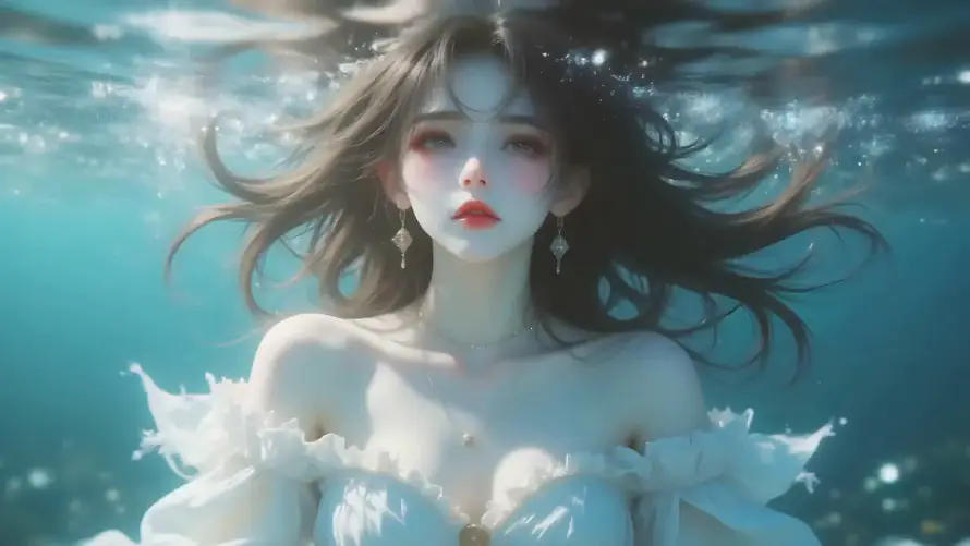 3k动画壁纸-水下 - 白衣-红唇「哲风壁纸」