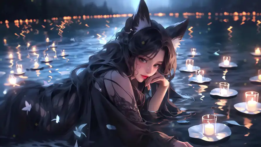 4k兽耳壁纸-水面 - 烛光-美女「哲风壁纸」