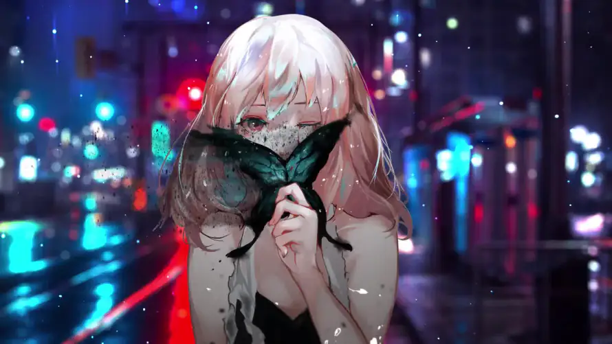 2k口罩壁纸-粉发 - 美女-雨夜「哲风壁纸」