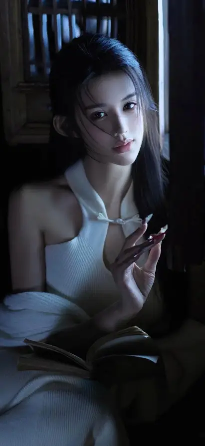 4k暗调壁纸 - 室内场景 - 手持发簪 - 白衣美女「哲风壁纸」