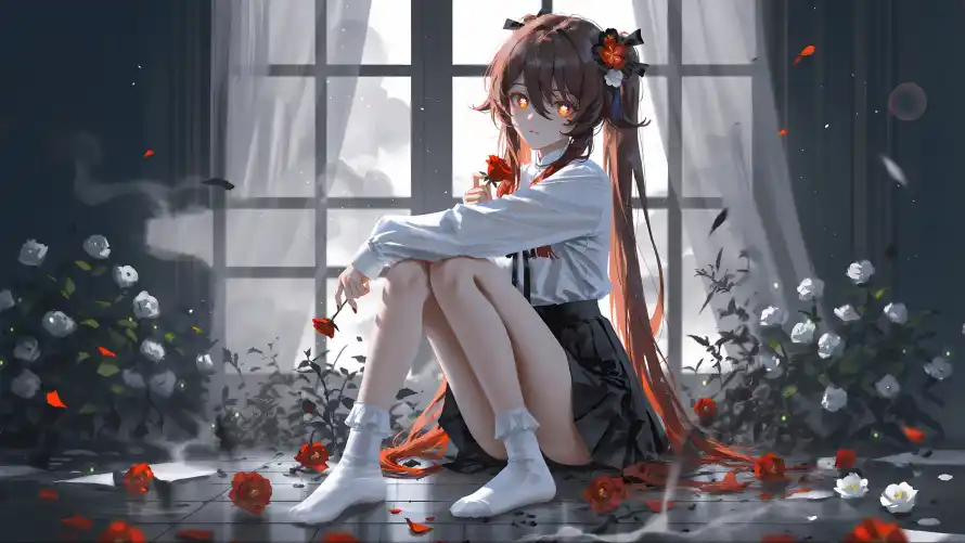 3k动漫壁纸-玫瑰 - 白袜-美女「哲风壁纸」