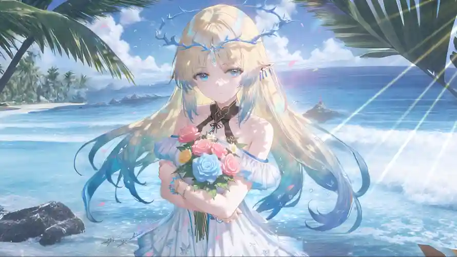 3k动漫壁纸-海滩 - 白裙-美女「哲风壁纸」