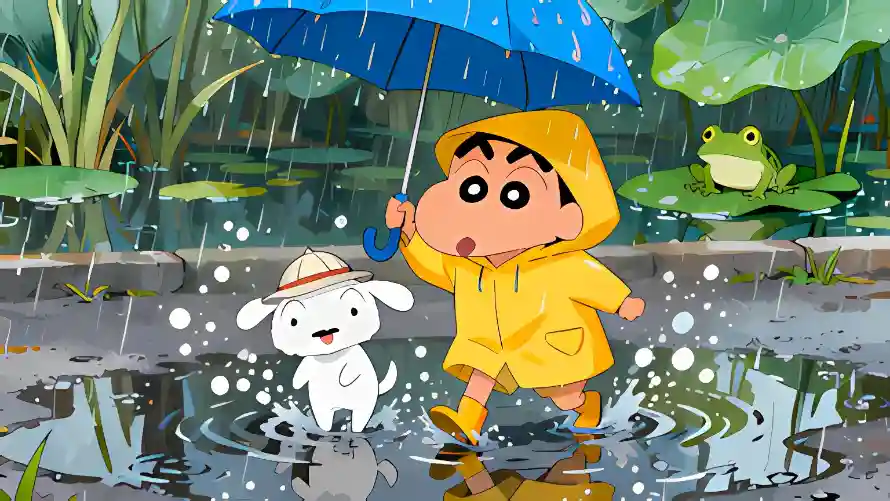 2k下雨壁纸-小白 - 荷叶-蓝色雨伞「哲风壁纸」