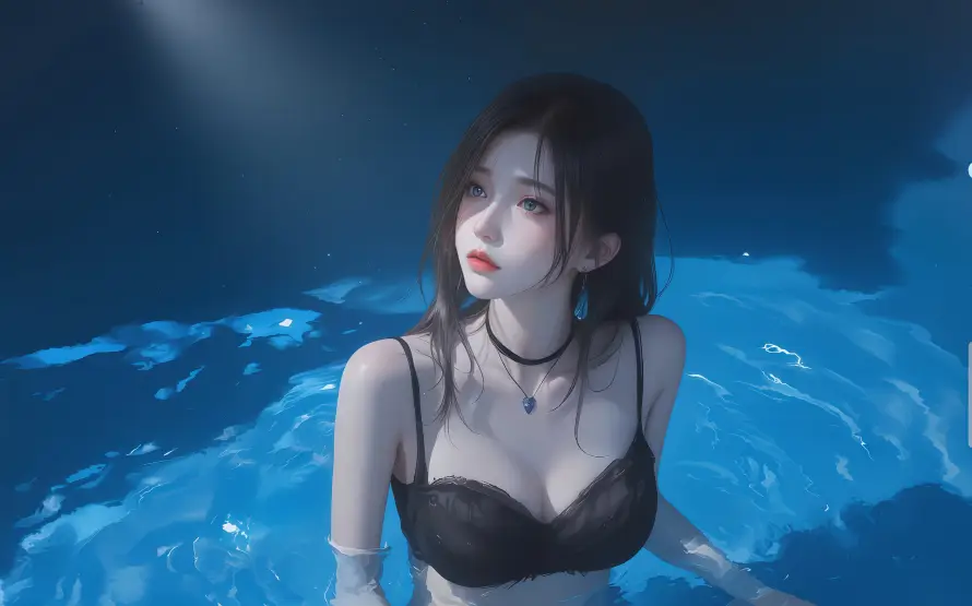 5k泳池壁纸-湿发 - 美女-蓝色「哲风壁纸」