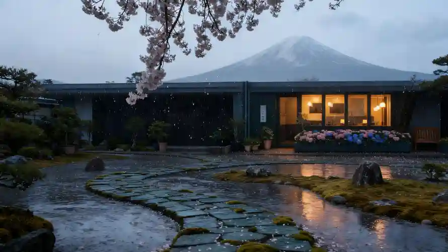 3k庭院壁纸-暖灯 - 樱花-雨夜「哲风壁纸」