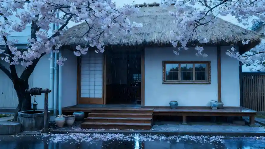 3k樱花壁纸-池塘 - 樱花树-茅草屋「哲风壁纸」