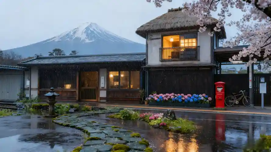 3k暖灯壁纸-樱花 - 石径-富士山「哲风壁纸」