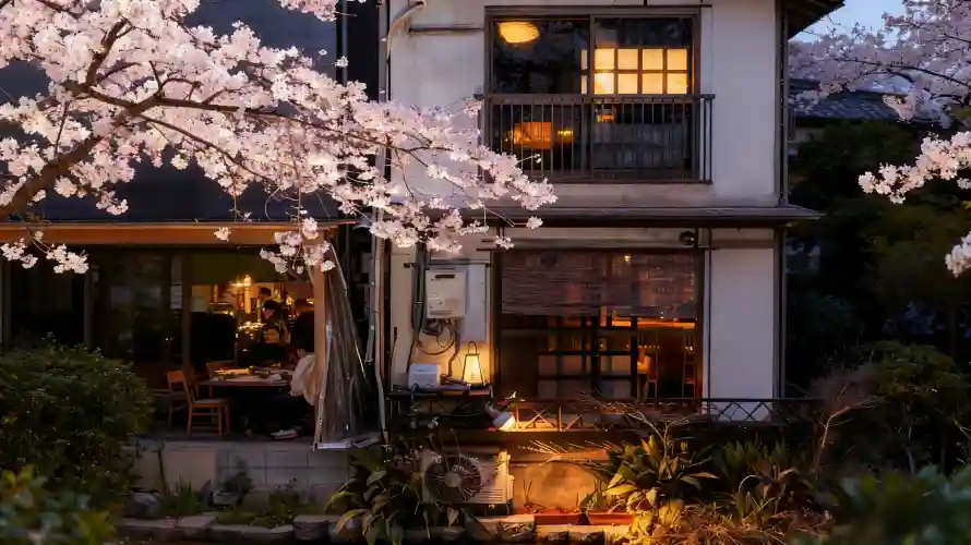 3k夜景壁纸-庭院 - 暖光-樱花「哲风壁纸」