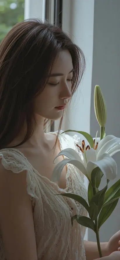 4k温柔壁纸 - 窗边 - 长发 - 百合花「哲风壁纸」