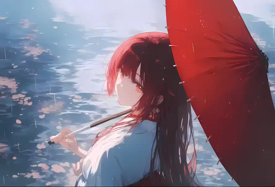 2k和服壁纸-水面 - 红伞-花瓣「哲风壁纸」