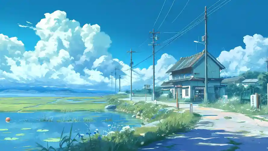 4k池塘壁纸-白云 - 蓝天-电线杆「哲风壁纸」