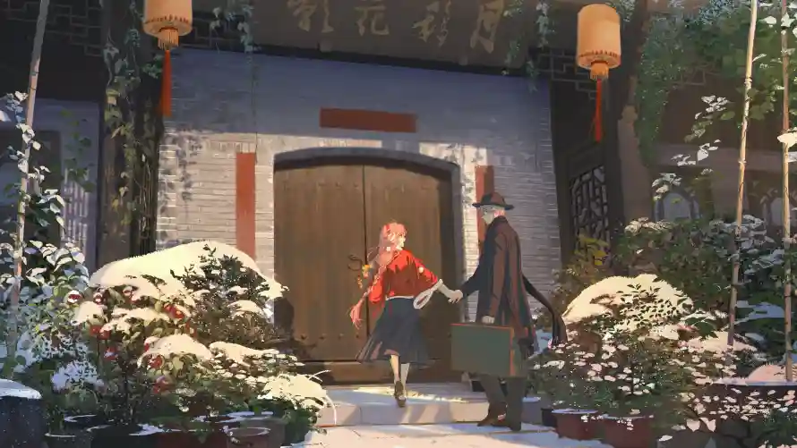 3k动漫壁纸-少女 - 雪景-中式建筑「哲风壁纸」