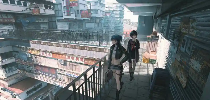6k动漫壁纸-城市 - 少女-建筑「哲风壁纸」