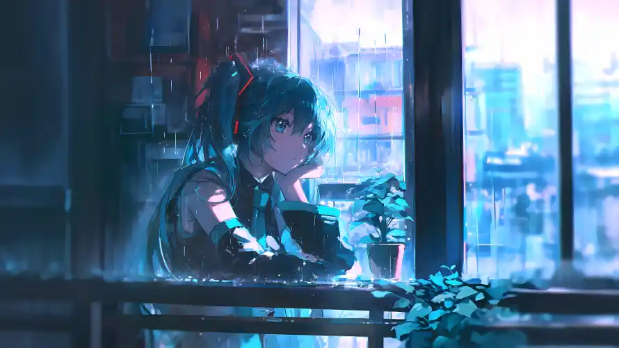 16k盆栽壁纸-雨夜 - 黑蓝-初音未来「哲风壁纸」