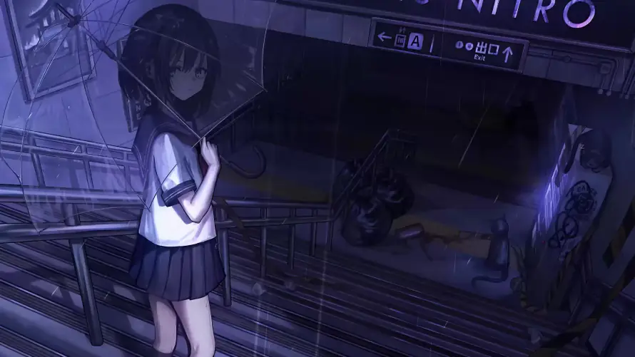 4k下雨壁纸 - 校服 - 雨伞 - 雨夜「哲风壁纸」