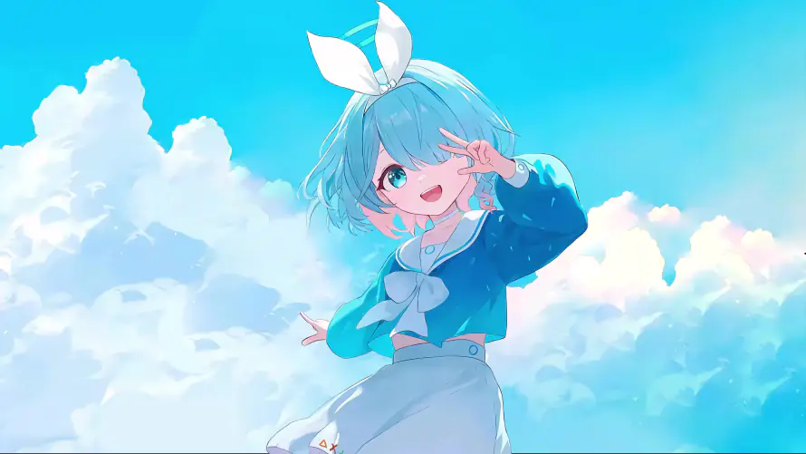 4k蓝天壁纸-二次元 - 兔耳发饰-蓝发少女「哲风壁纸」