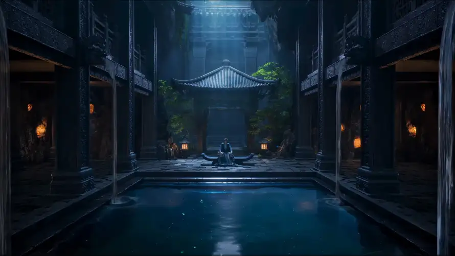 4k修仙壁纸-建筑 - 水池-灯笼「哲风壁纸」