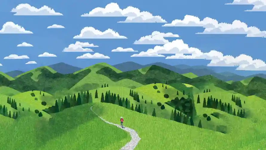2k手绘风壁纸-插画风 - 山间小路-绿色山丘「哲风壁纸」