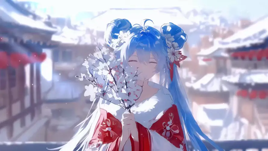 4k古风壁纸-雪 - 蓝发-二次元「哲风壁纸」
