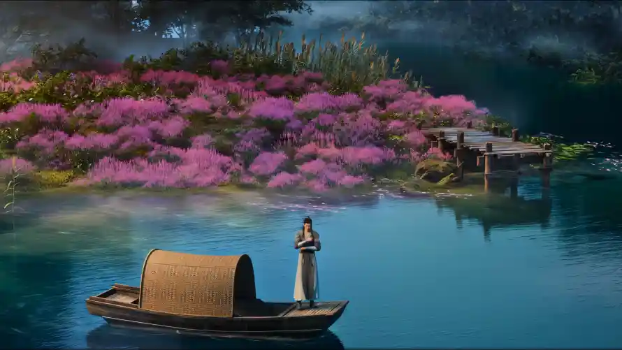 4k古风壁纸-小船 - 湖泊-花海「哲风壁纸」