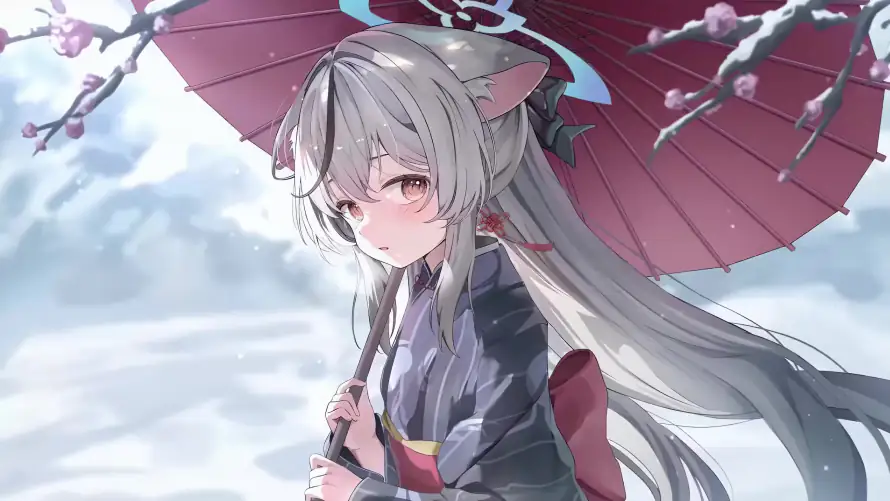 4k和服壁纸-红伞 - 银发-雪景「哲风壁纸」