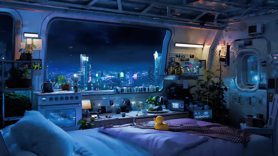 4k夜景城市壁纸-室内绿植 - 未来房间-未来科技「哲风壁纸」