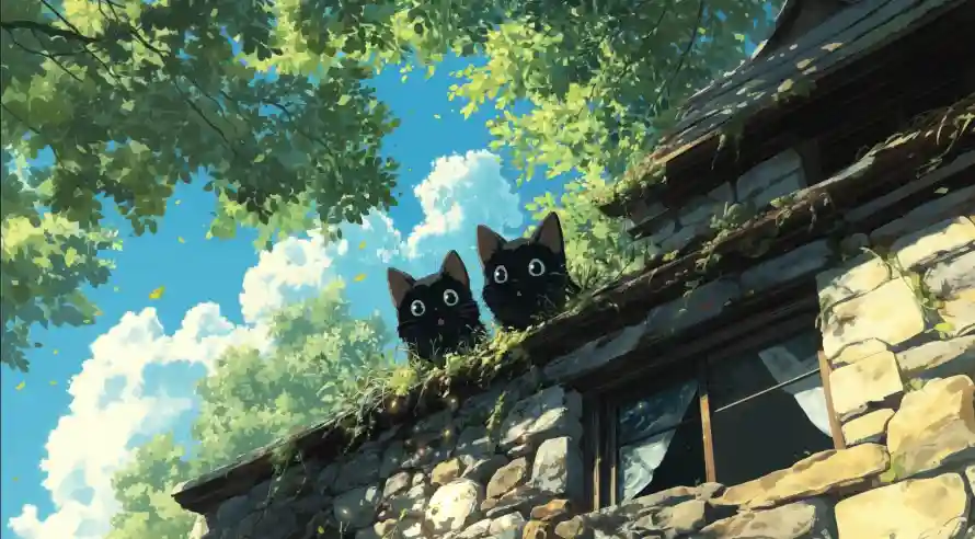 2k房屋壁纸-猫 - 石屋-绿树「哲风壁纸」