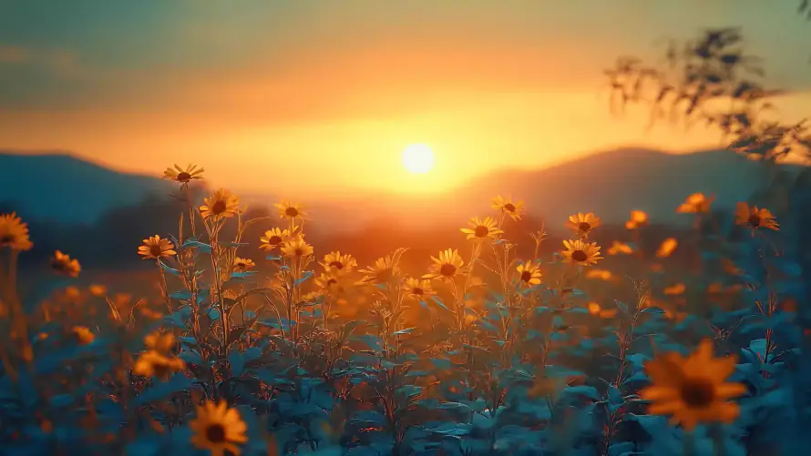 4k夕阳壁纸 - 山峦 - 花海 - 落日「哲风壁纸」
