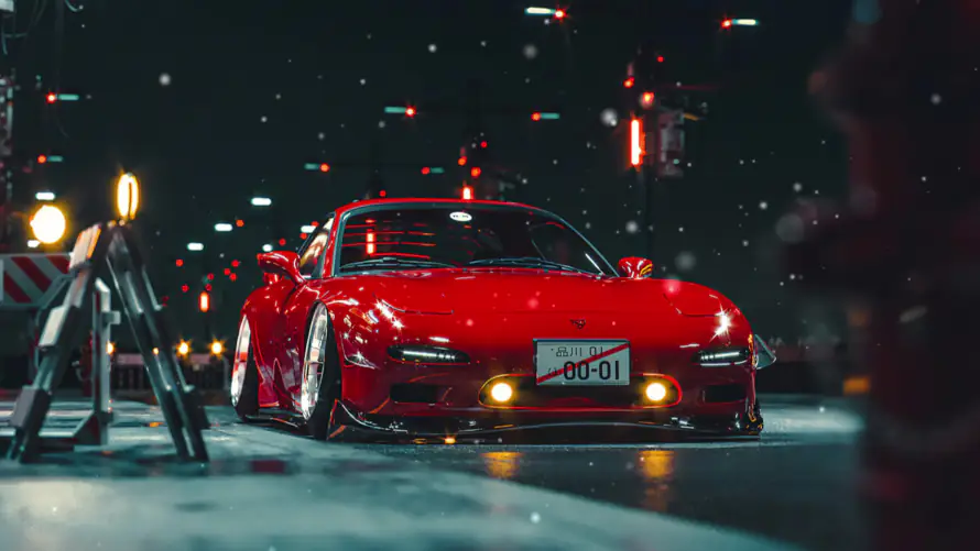 4k红色壁纸-跑车 - 车灯-雨夜「哲风壁纸」