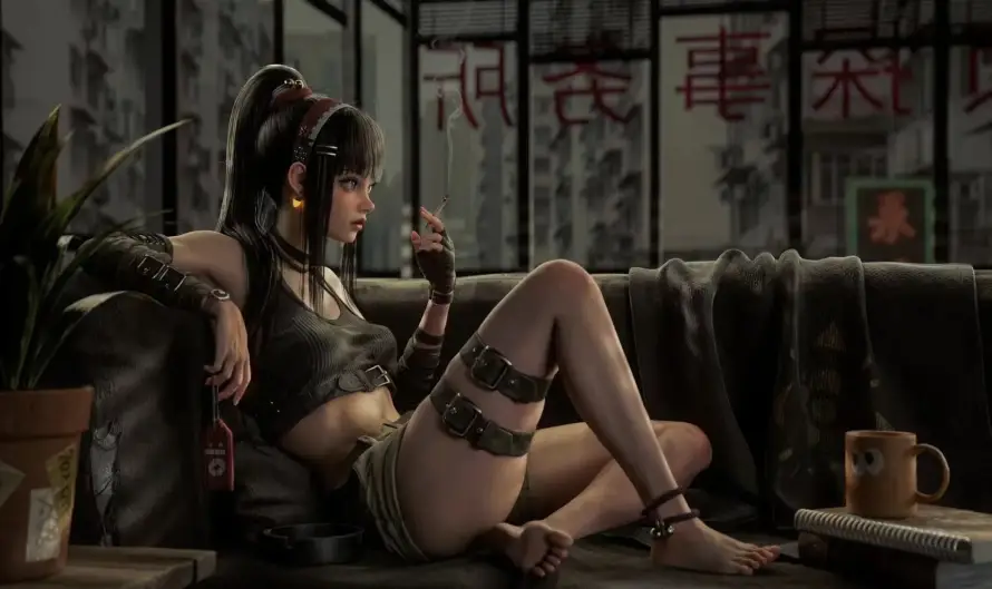 2k坐姿壁纸-废土 - 美女-中式文字「哲风壁纸」