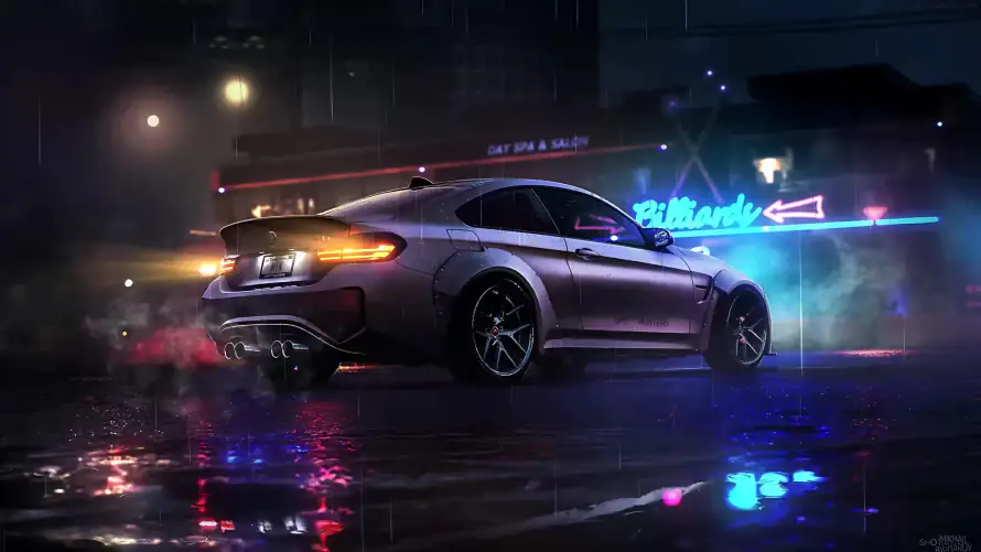 4k反光壁纸-汽车 - 雨夜-霓虹灯「哲风壁纸」