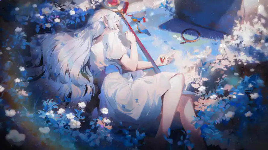 2k动漫壁纸-芙莉莲 - 魔法杖-蓝色花海「哲风壁纸」