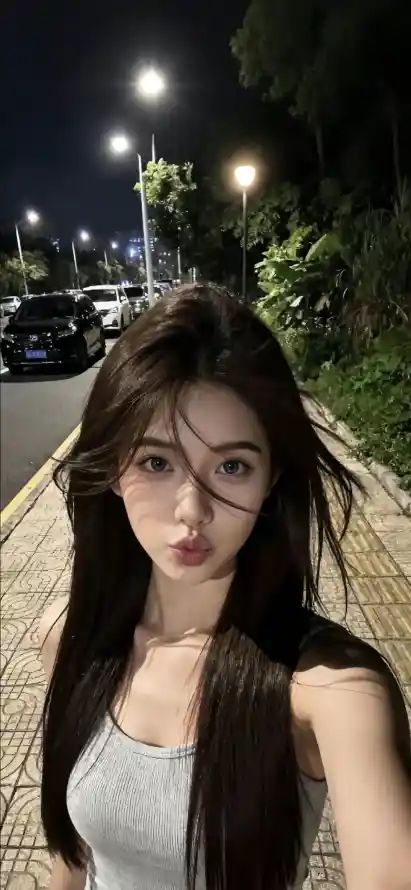 4k美女壁纸 - 长发 - 夜晚自拍 - 灰色背心「哲风壁纸」