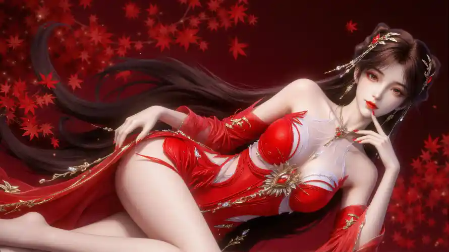 4k古风壁纸-枫叶 - 红衣-美女「哲风壁纸」