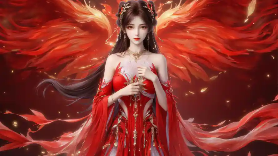 4k古风壁纸-红衣 - 翅膀-火灵儿「哲风壁纸」
