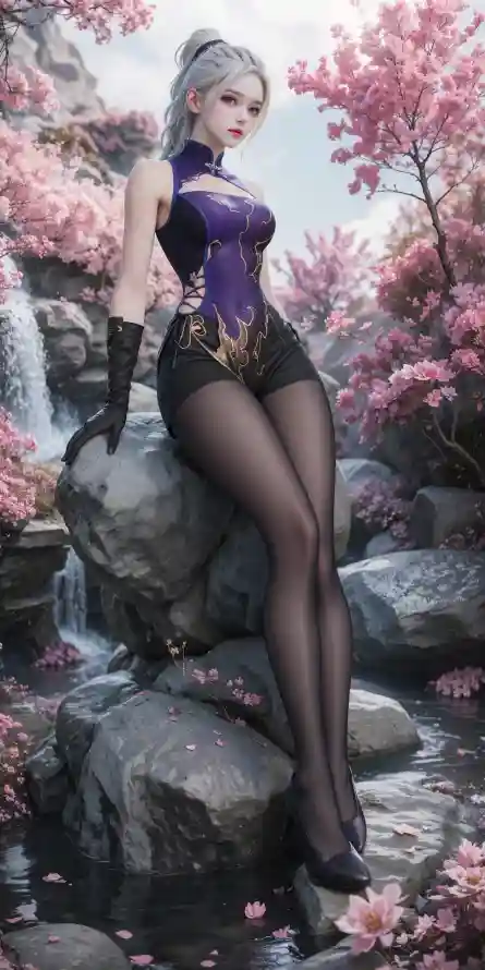 4k黑丝壁纸 - 季莹莹 - 古风场景 - 樱花瀑布「哲风壁纸」