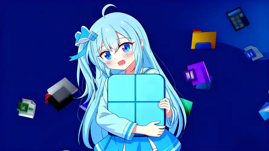 3k蓝发壁纸-蓝裙 - 二次元少女-win11娘「哲风壁纸」