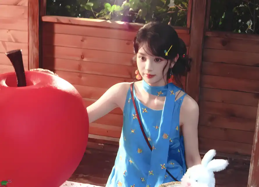 2k苹果壁纸-田曦薇 - 兔子玩偶-木质背景「哲风壁纸」