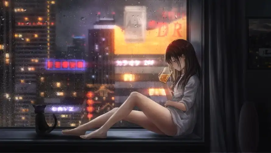 2k孤独壁纸-窗边 - 雨夜-霓虹「哲风壁纸」
