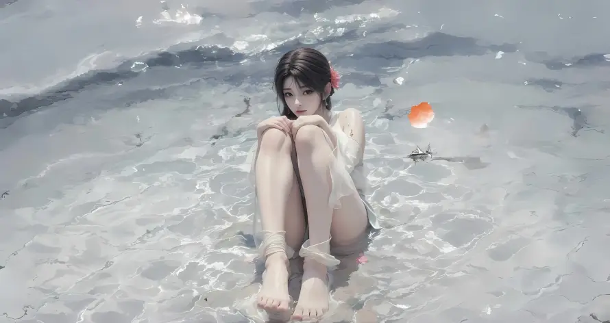 2k戏水壁纸-抱膝 - 水中-浅水「哲风壁纸」