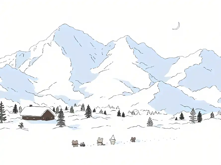 3k卡通壁纸-手绘 - 松树-雪山「哲风壁纸」