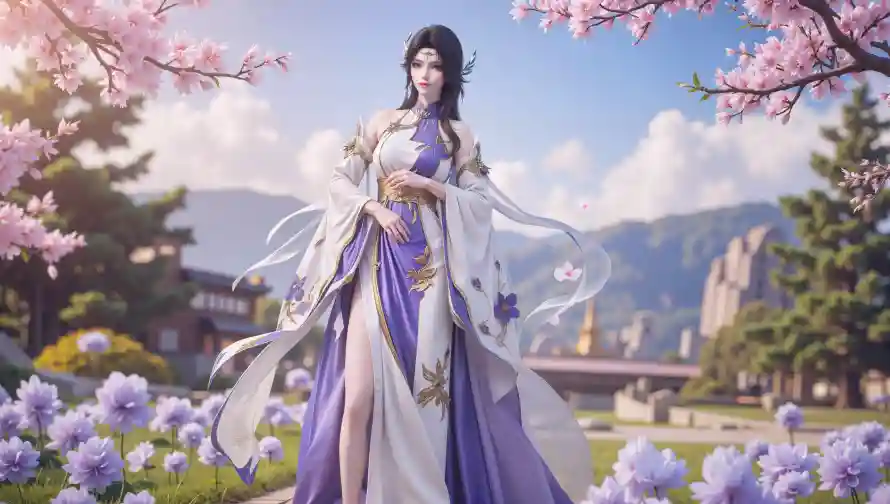 8k樱花壁纸-玄衣 - 紫花-古风美女「哲风壁纸」