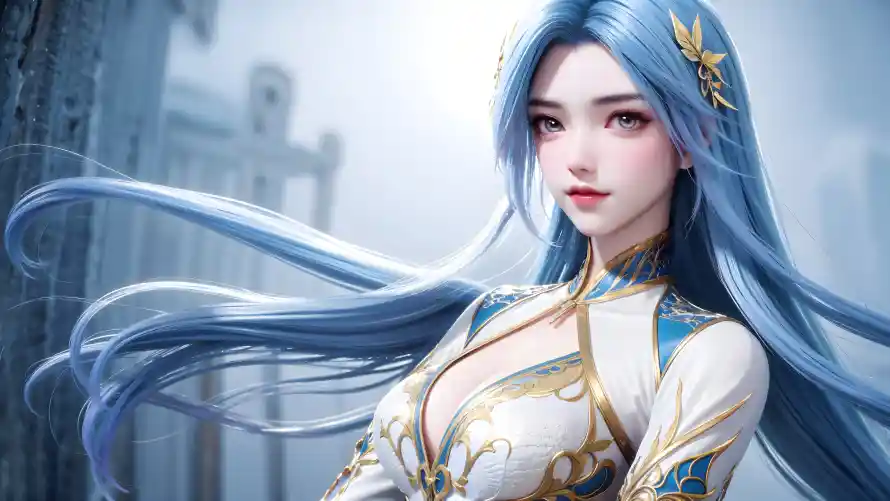 6k蓝发壁纸-王秋儿 - 华丽服饰-古风背景「哲风壁纸」