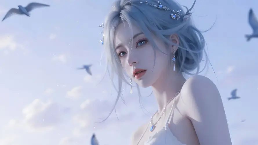 4k梦幻氛围壁纸-白衣公主 - 美丽公主-蓝发公主「哲风壁纸」